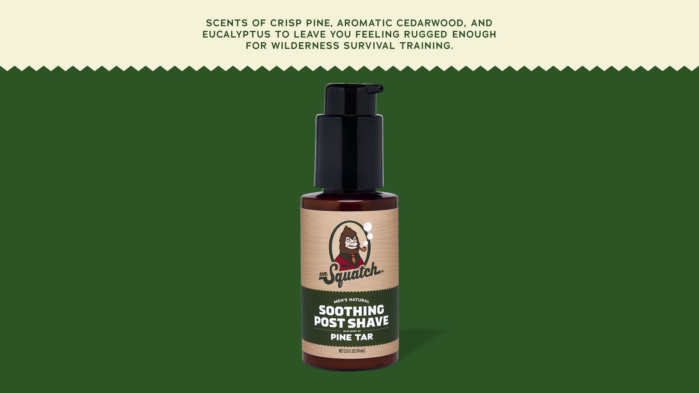 Brand and ingredient story panel for Dr. Squatch Soothing Post Shave Pine Tar post-shave product