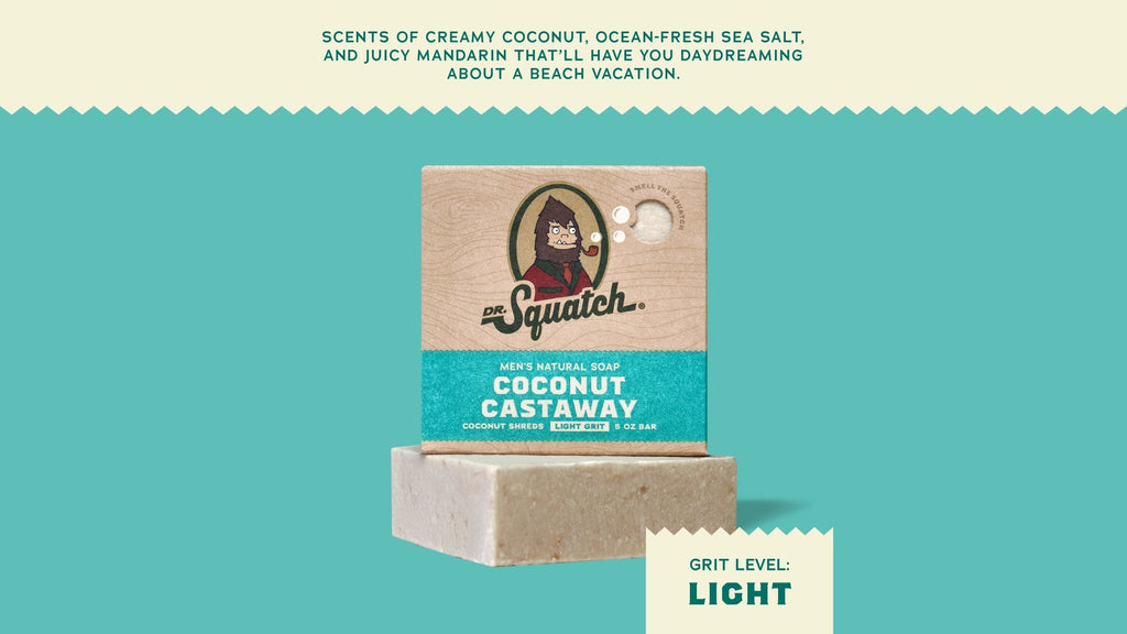 Brand and ingredient story panel for Dr. Squatch Coconut Castaway bar soap