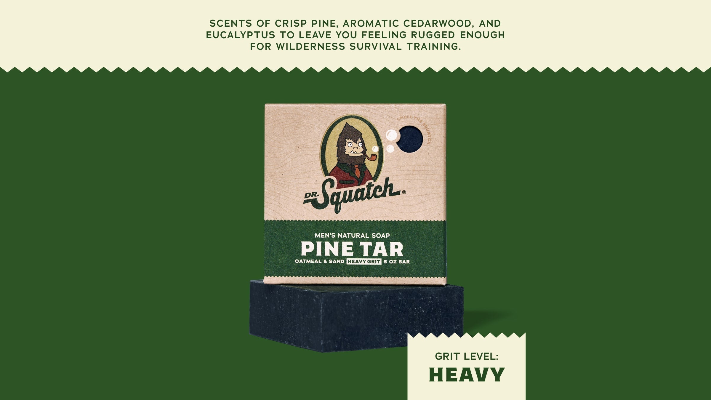 Brand and ingredient story panel for Dr. Squatch Pine Tar bar soap